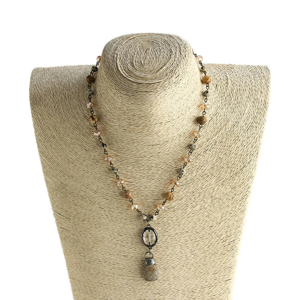 Fashion Jewelry Natural Stone & Glass Crystal Chain Stone Pendant Choker Necklaces For Women Ethnic Necklace