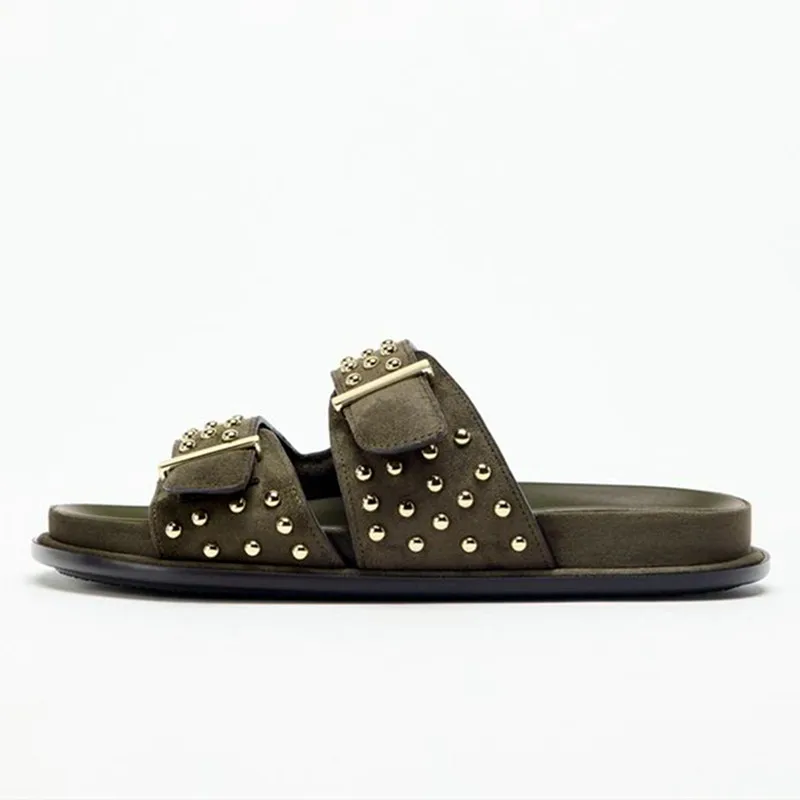 

Luxury Metal Rivet Designer Flat Sandals Women Fashion Double Buckle Platform Slippers Outdoor Beach Shoes for Women Flip Flops