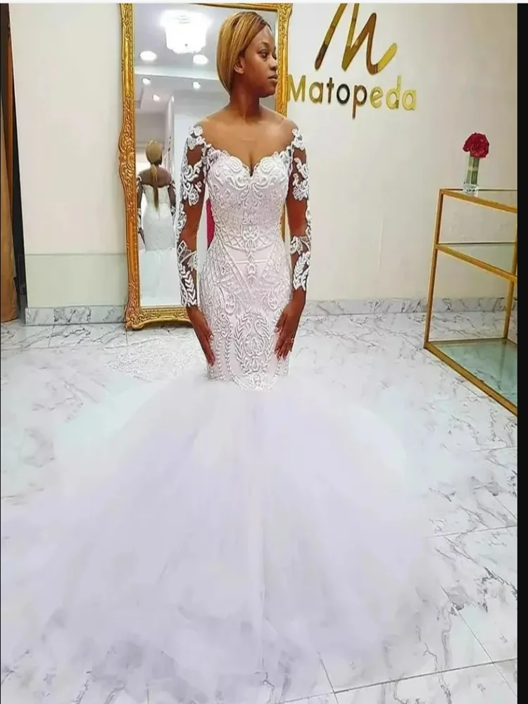 Suknie ślubne typu syrena z eleganckimi aplikacjami na szyi, zdobione koralikami, z długimi rękawami, szyte na miarę, vestido de noiva.