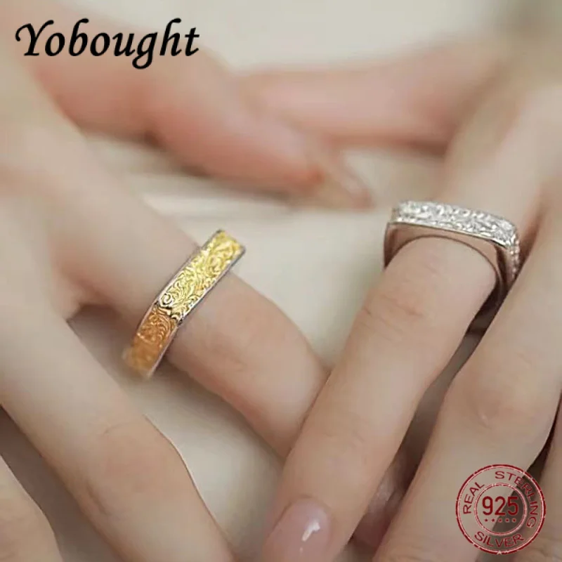 

S925 Silver Retro Relief Tang Grass Pattern Square Ring For Men And Women Light Luxury High-end Jewelry