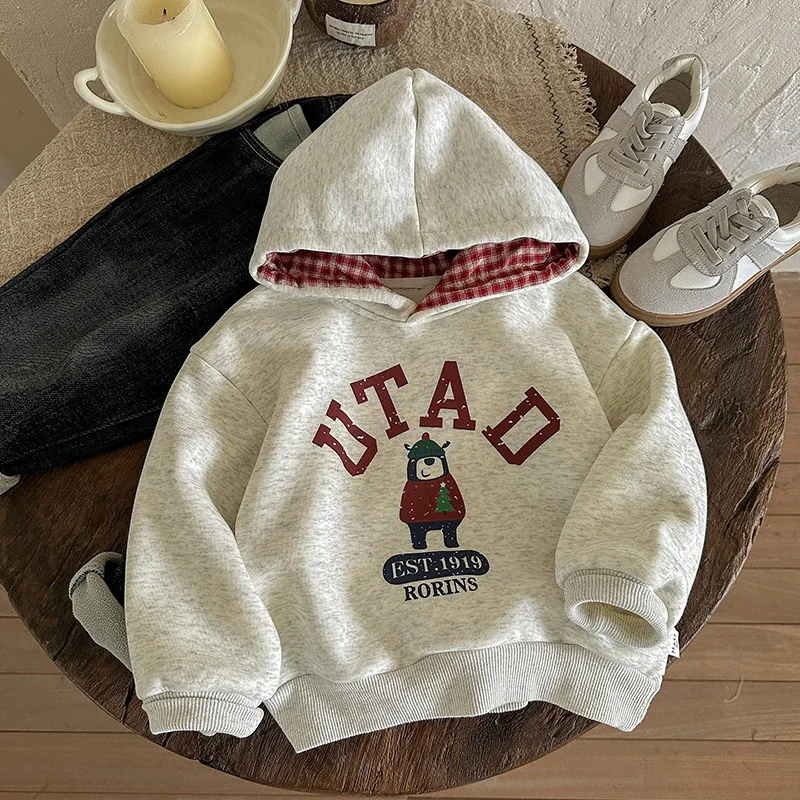 

2025 Autumn Winter Bear Fleece Sweatshirt Children Boy Girl Clothes Bottom Plaid Hood 3-10 Years Thick Warm Pullover Outfit