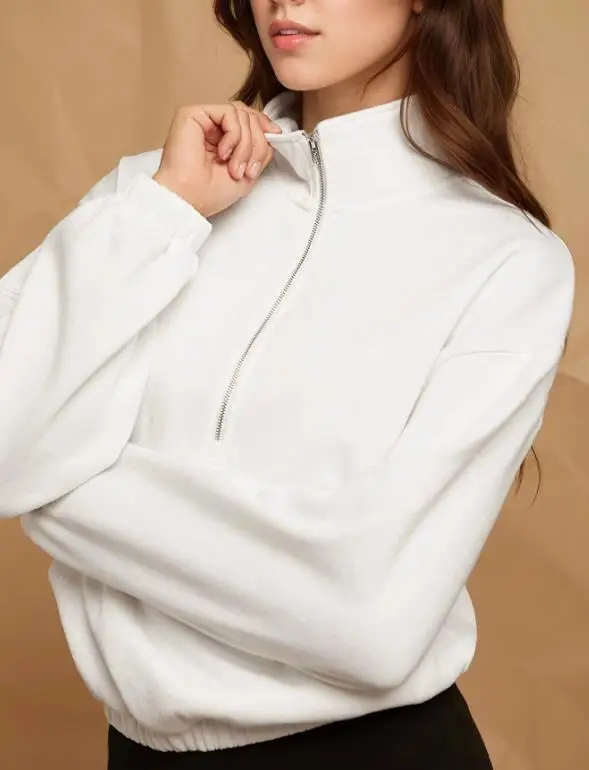 

Women's Sweatshirts 2026 Spring New White Half Zipper Design Stand Collar Long Sleeve Pocket Design Crop Pullover Sweatshirt