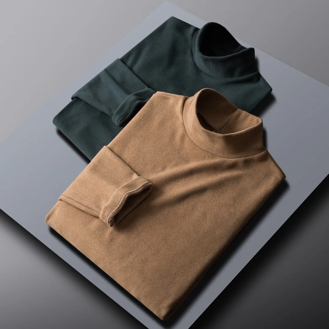 Men's semi high neck top slim fit elastic long sleeved T-shirt solid color versatile base shirt warm and comfortable top