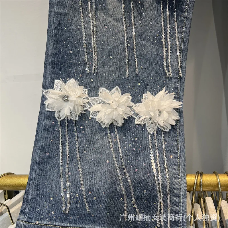 3d Flowers Tassel Hot Diamonds Wide Leg Jeans for Women All-match New Autumn Drawstring Elastic Waist Straight Long Denim Pants
