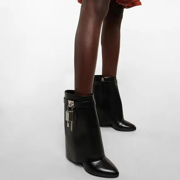 Fashion Women\'s Ankle Boots Wedge Newest 2024 Shark Lock Vintage Mid-Calf Boots Luxury Pointed Toe Short Boots