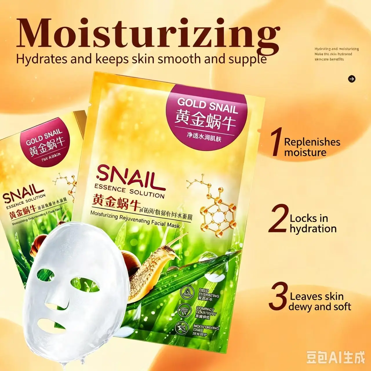 Gold Snail Essence Moisturizing Facial Mask - Deep Hydration, Brightening & Skin Repairing Sheet Mask for All Skin Types     