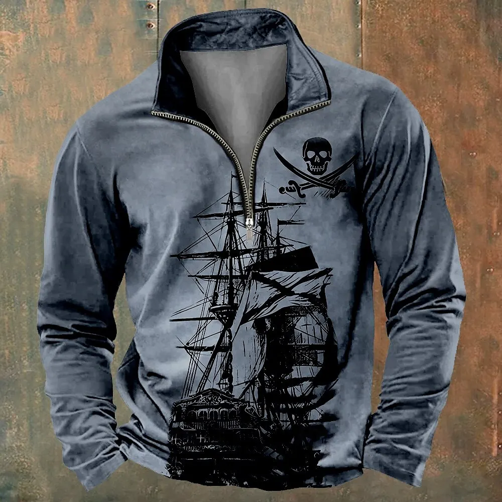 Men's Half Zip Long Sleeve Sweatshirts Maritime Exploration Style Stand Collar Pullover Fashion Pirate Skull Print Tops Clothes