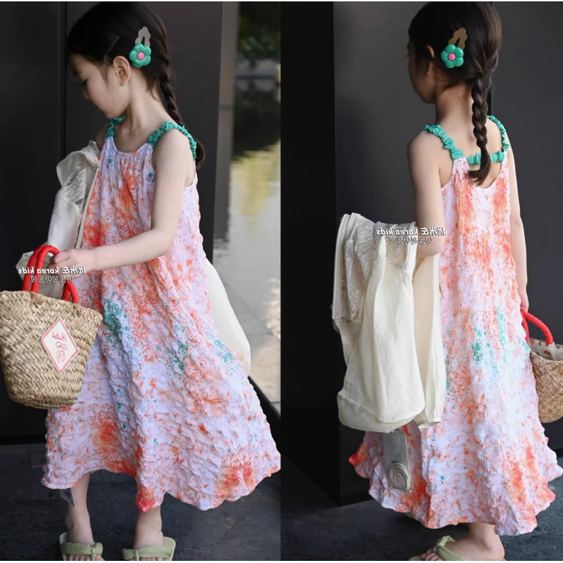 

2026Girls' stylish tie-dye maxi dress, little girl's camisole dress, gradient beach dress