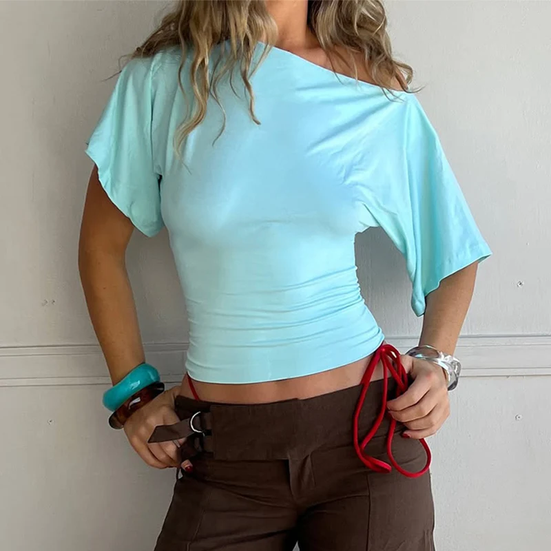 

Trendix Women's One Shoulder Short Sleeve Crop Top Summer Fashion Off Shoulder Solid T Shirts Party Casual Y2k Tees Ladies 2026