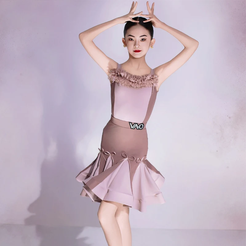 

Girls Latin Dance Clothing Sleevesless Pink Sling Skirt Cha Cha Rumba Dance Practice Performance Wear Lace Bow Skirt Set XH2063