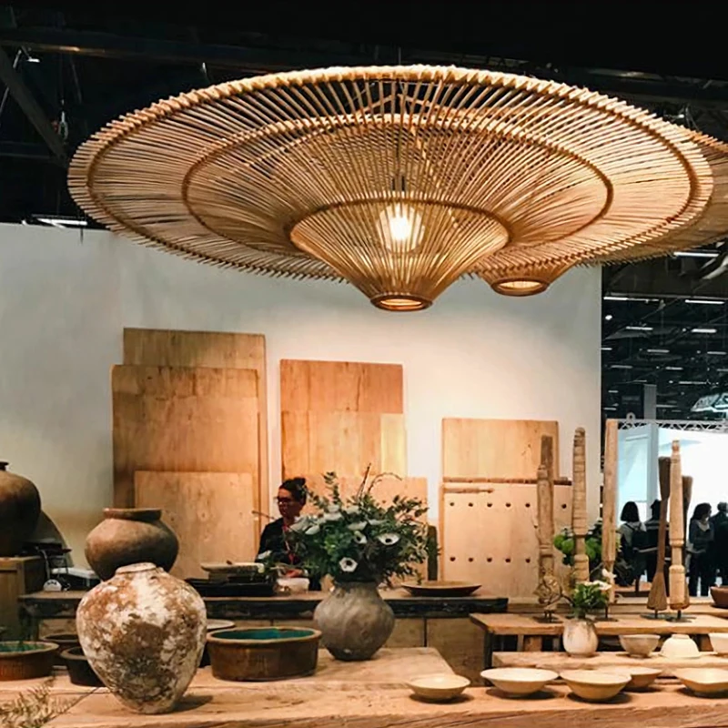 Vintage Rattan Pendant Lamp Wabi Sabi Wicker Chandelier For Living Room Restaurant Shop Decor Wood Handmade Straw Hat Chandelier