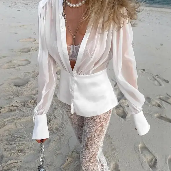 

French Sexy Waist Cinching See Through Shirt for Summer Women's Sexy Deep V-Neck Patchwork See Through Long Sleeved Shirt