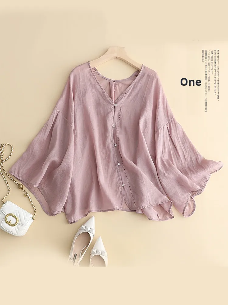 

Artistic Contrast Color Stitched Bell Sleeve Cotton Linen Thin V-Neck Slimming Pure Color Shirt Summer Large Size Women's Fas...
