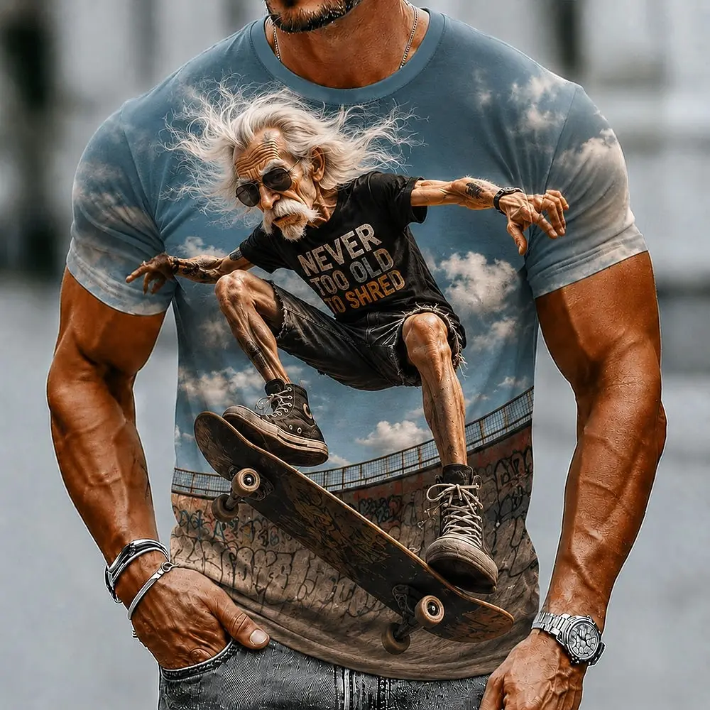 Funny Old Man Rocking Graphic Men's T-Shirt Fashion Cool 3D Short Sleeve t shirts Party Tops Casual Street Style Summer Clothing