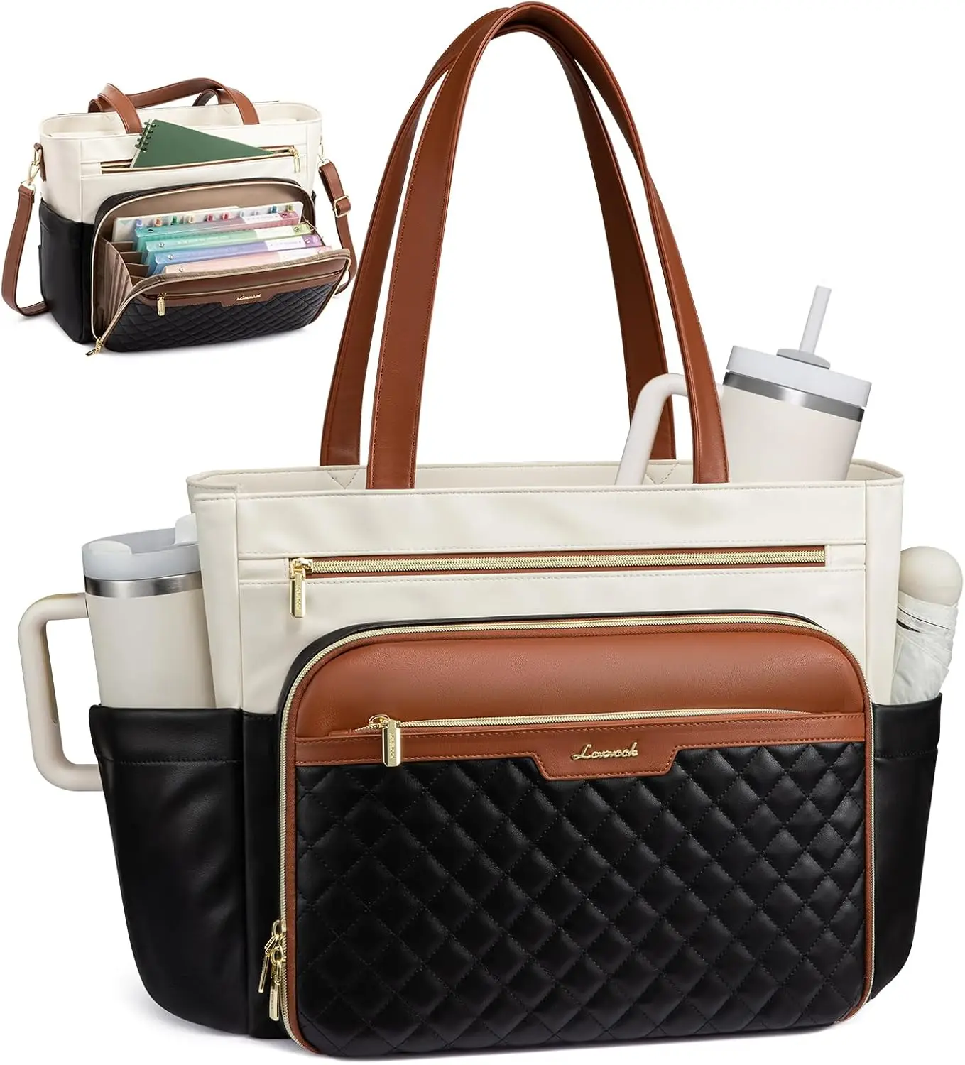 

Teacher Tote Bag with Accordion File Pocket, Soft PU Leather Work Briefcase Quilted Laptop Bag with Large Cup Holder