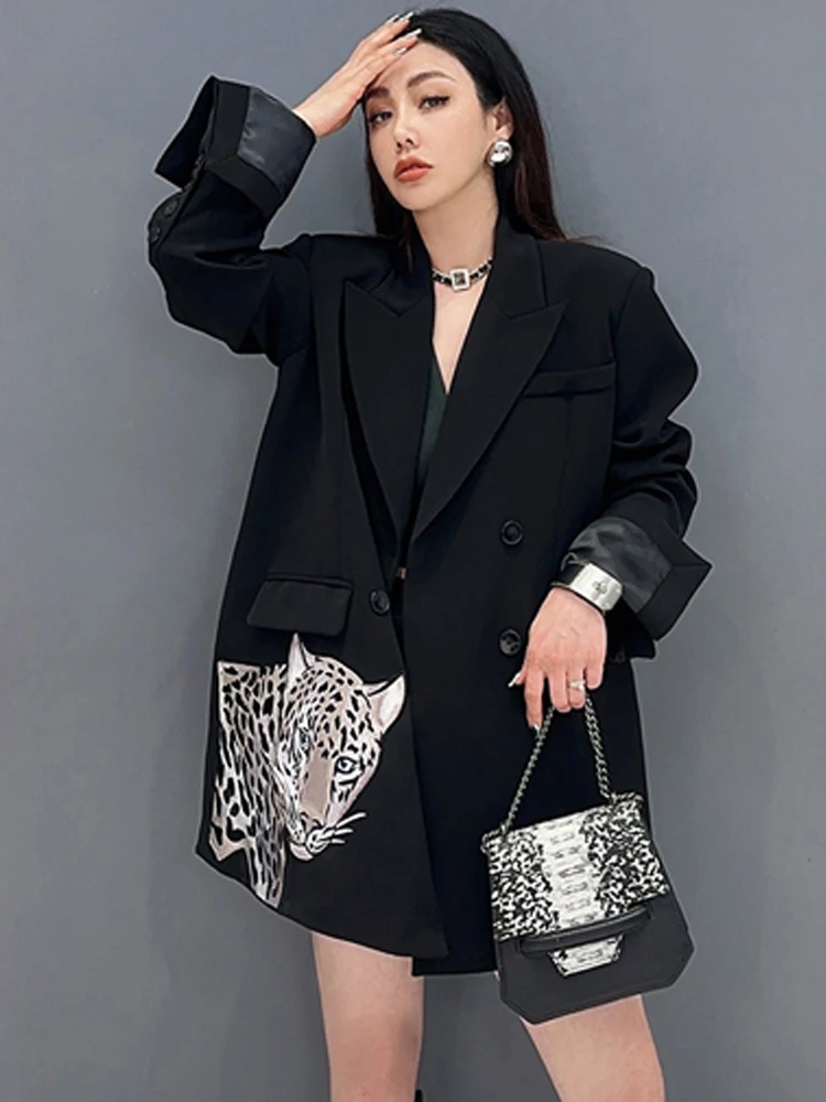 Vefadisa 2025 Spring Autumn New Black Leopard Head Printed Women Tailored Coat Lapel Long Sleeve Fashion Commuter Coat ZXY938AF1