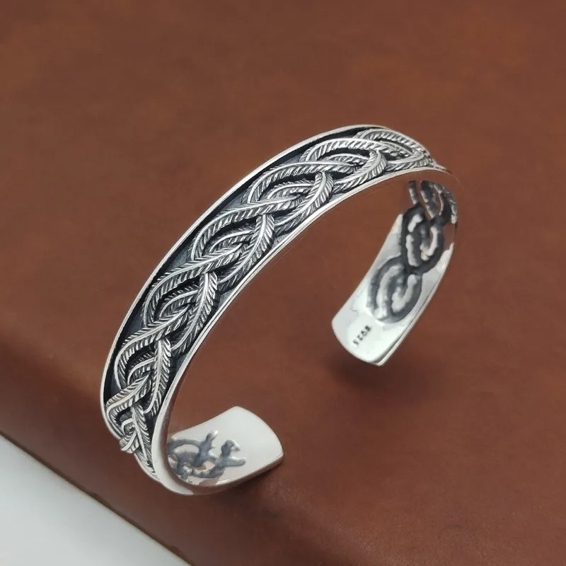New-Style Floral Pattern S925 Sterling Silver Unisex Vintage Bracelet Men