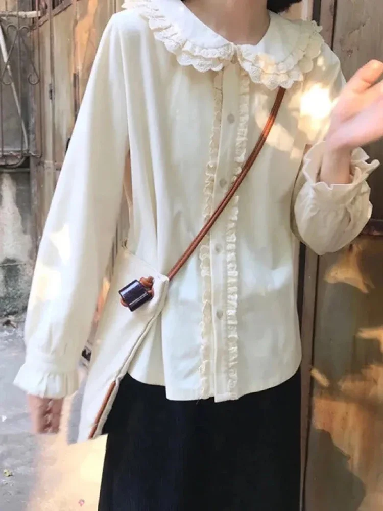 Femmes doux volants chemises décontracté mignon à manches longues japon Blouse Vintage col claudine Kawaii femme Preppy Style hauts