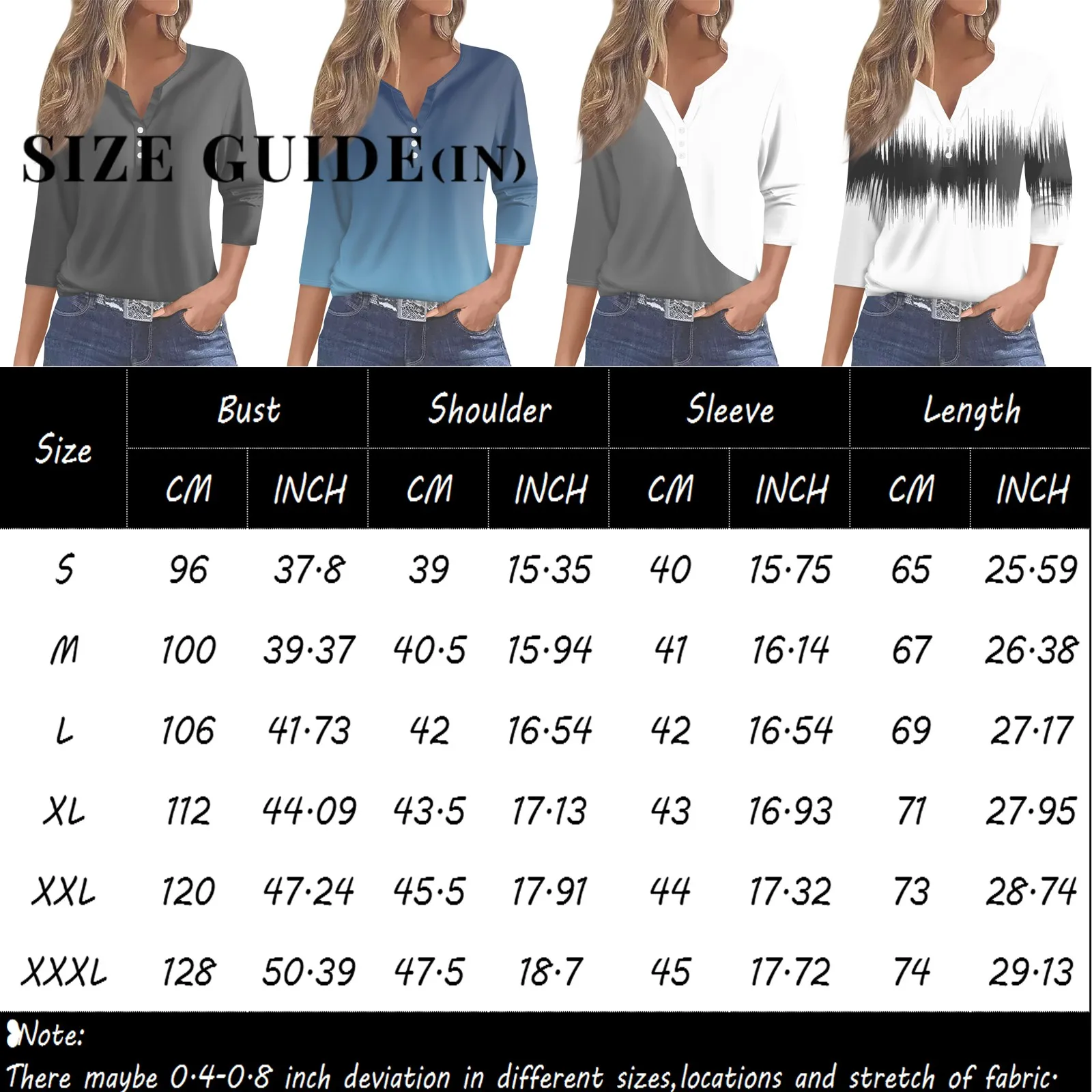 2024 Women Summer Casual T-shirts Fashion Patchwork Print Top Tees Streetwear 3/4 Sleeve Button V-Neck Basic Tops Plus Size