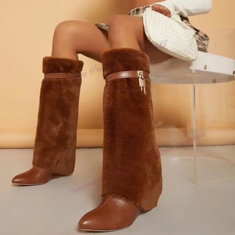 

Brown Fluffy Lock Decor Shark Boots Pointed Toe Shoes for Women Wedges Heels Luxury Winter Warm Shoes 2023 Zapatos Para Mujere