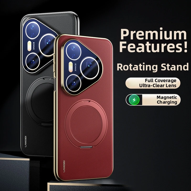 Magnetic Leather Case for Huawei Pura 80 70 Pro Pro+ Ultra 360 Rotating Stand Shockproof for MagSafe Cover with Glass Lens Film