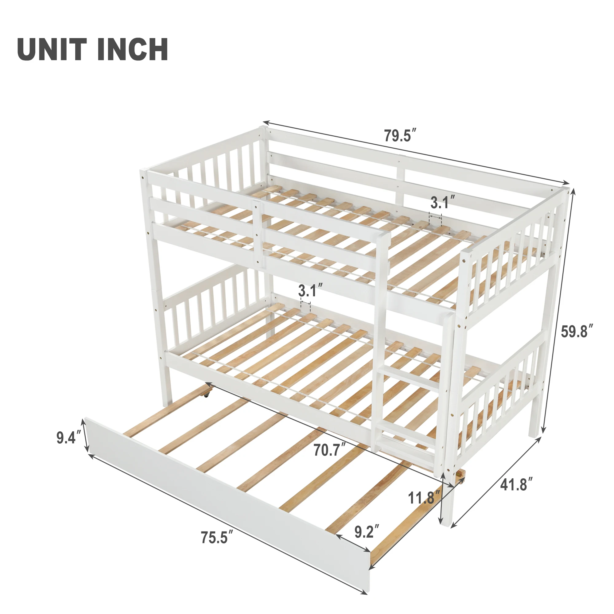 Twin Over Twin Bunk Beds with Trundle, Solid Wood Trundle Bed Frame with Safety Rail and Ladder, Kids/Teens Bedroom, Guest Room