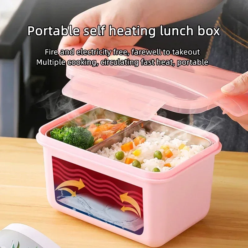

Portable Self Heating Lunch Box 304 Stainless Steel Bento Box with 3pcs Self-heating Bag for Lazy People Food Storage Containers