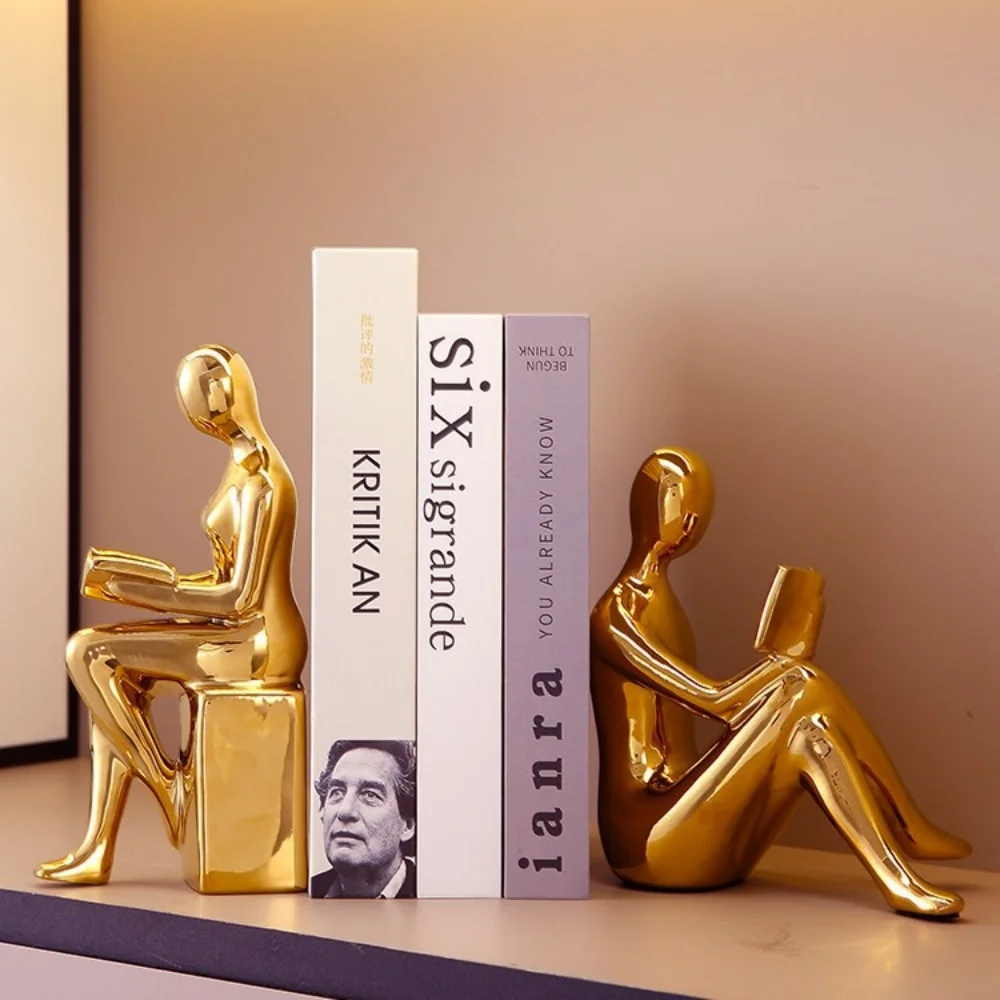 Ceramic Girl Sculpture Bookends Set Reader Shape Crafts Modern Book Shelf Living Room Office Study Decoration Creative Bookends