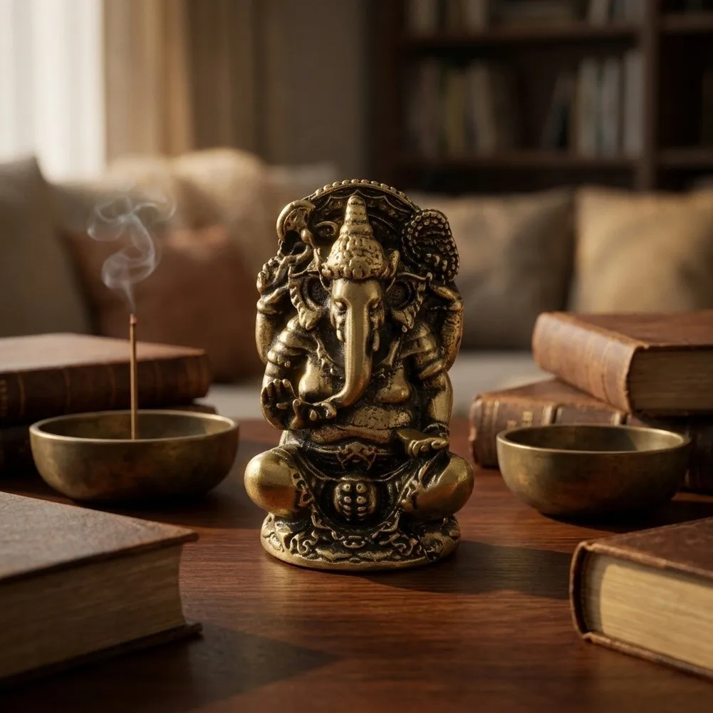 Thai Brass Elephant God Statue by Southeast Asian Tradition for Living Room Shelf Desk or Coffee Table Display