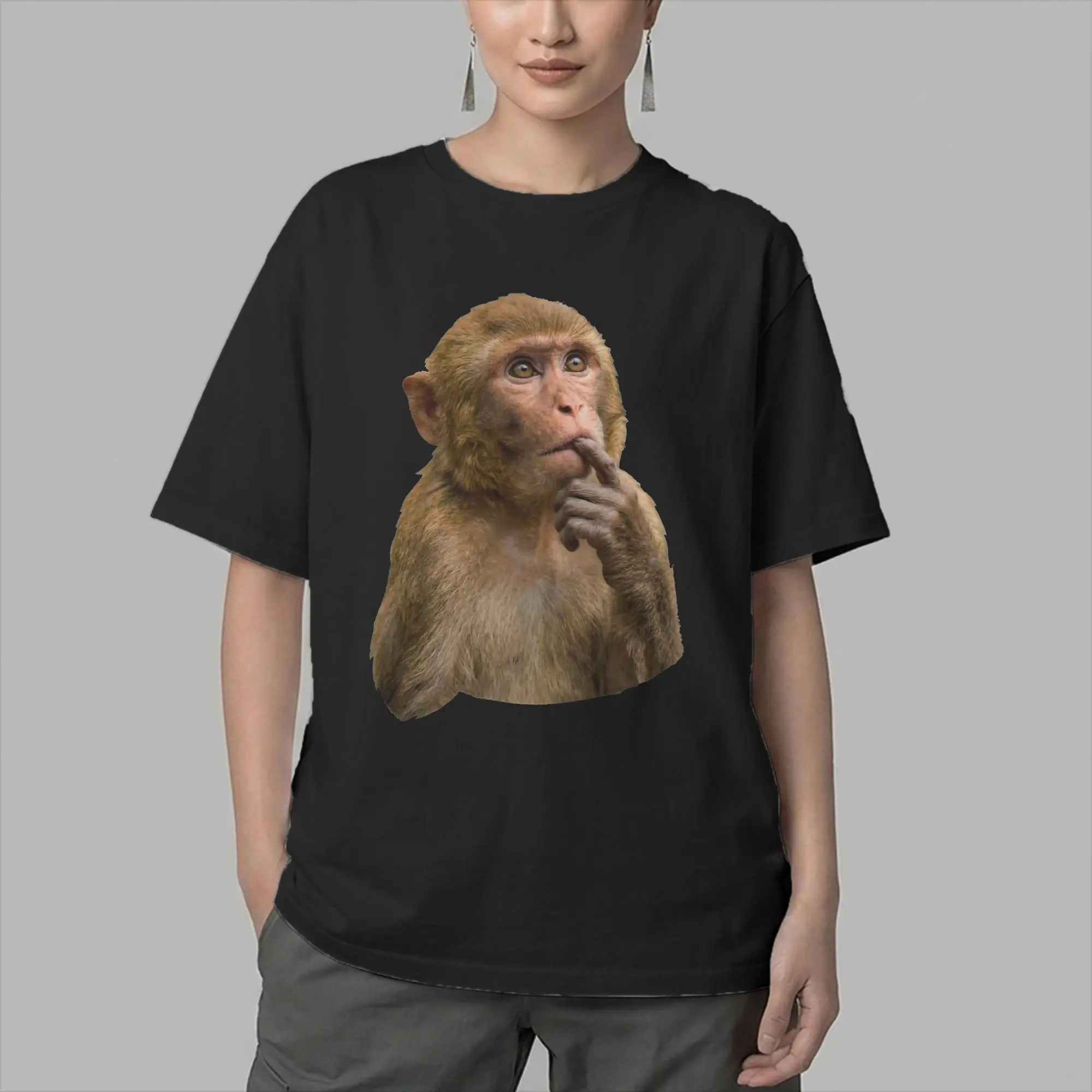 Thinking Monkey Funny Meme  Cute Thoughtful Men's T Shirts Tees Short Sleeve O Neck T-Shirts 100% Cotton Plus Size Clothes