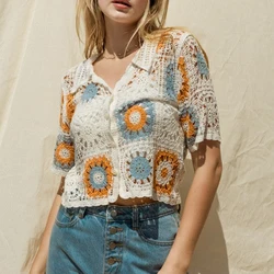 Granny Square Crochet Top Button-up Short Sleeve Polo Collared Open-knit Crop Cardigan for Women Teengirl Boho Vintage Outfit