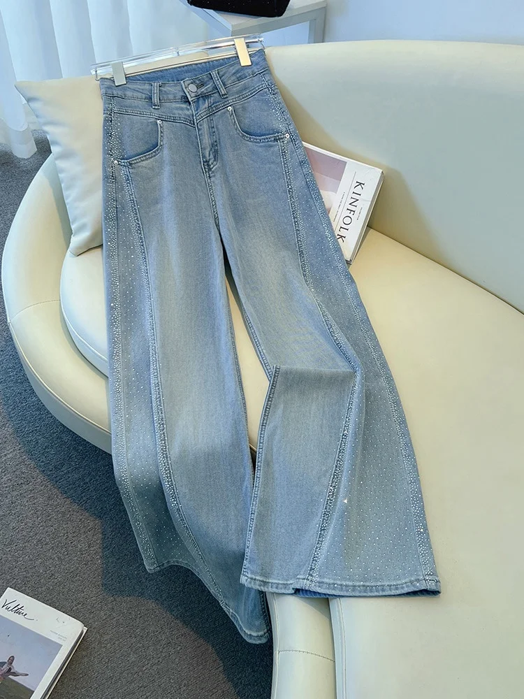 Automne 2025 nouveau Sle femmes ample jambe large jean taille haute Denim tissu scintillant Unique poire singe Micro évasé Bootcut jean