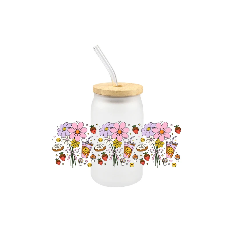 Cartoon 16OZ UV DTF Cup Wraps Cup Patter Smile Transfer Sticker For Glass Libbey Can Bottle Selfadhesive Washable DIY Custom