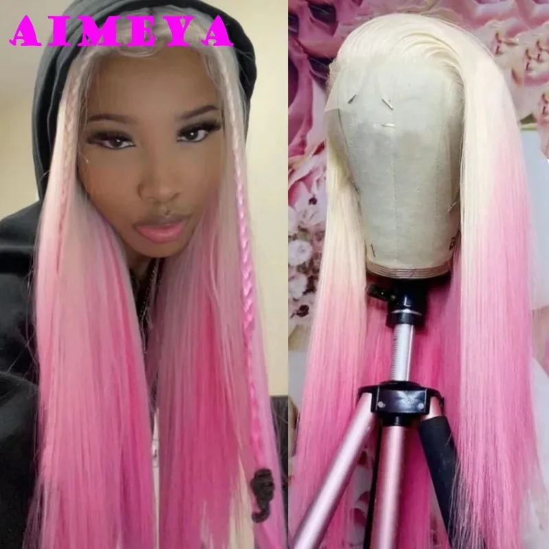 AIMEYA Ombre Pink Synthetic Lace Front Wigs for Women 13x4 Platinum Blonde Roots Pink Wig Long Silky Straight Colorful Wigs