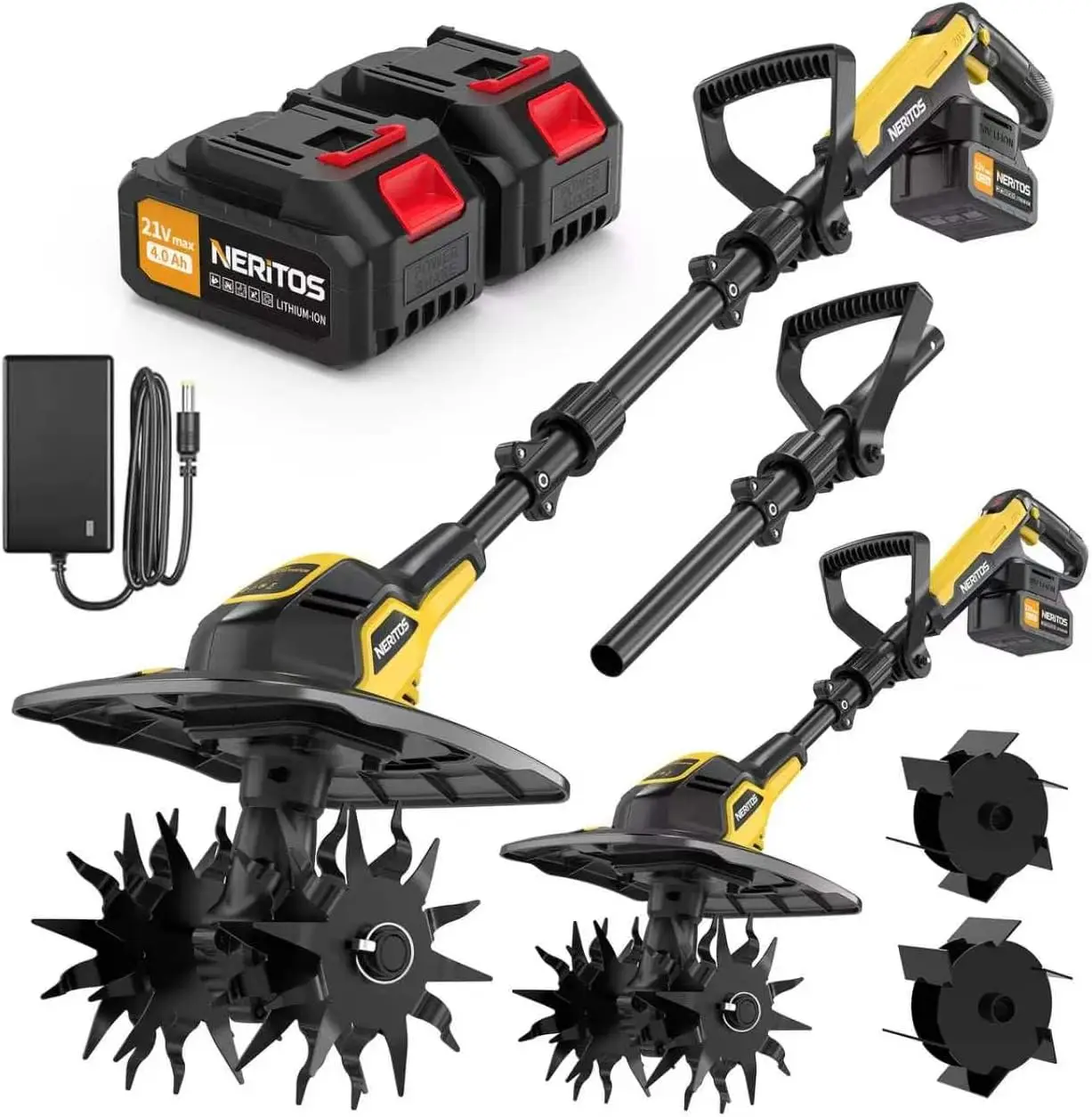 Electric Cordless Garden Tiller Cultivator, 21V Battery-Powered Small Rototiller for Soil Cultivating & Lawn, 360 RPM, 4 Steel Tines, 9-Inch Tilling Width, 7-Inch Tilling Depth