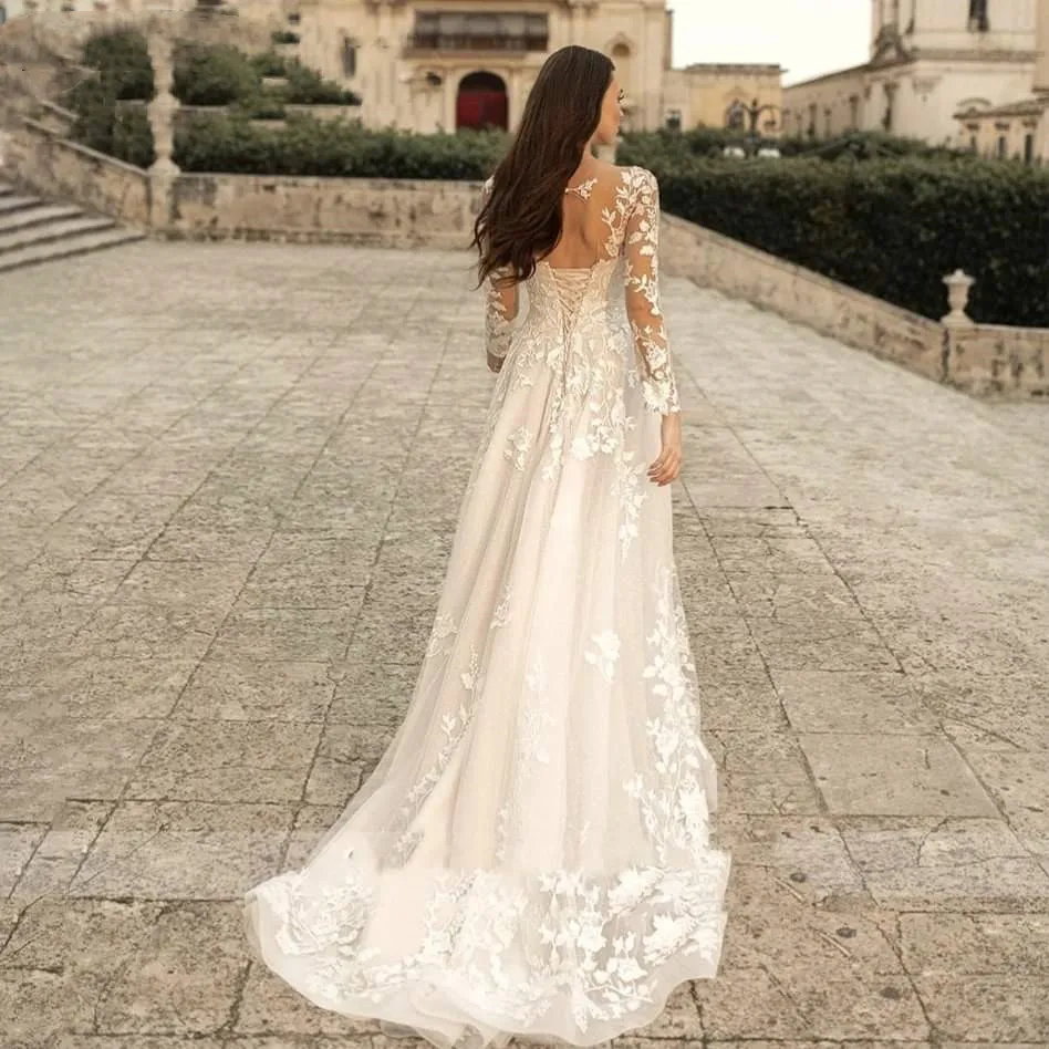 Vestidos De Novia elegantes con escote Corazón, traje De Novia De manga larga con línea A De encaje, apliques De tul, tren De barrido con cordones, 2024