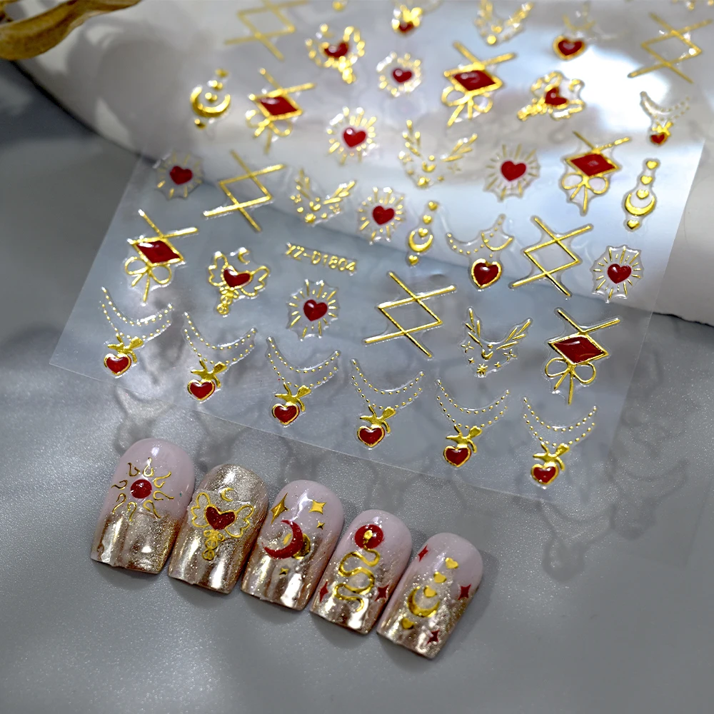 1 Uds. Pegatinas 5D metálicas doradas de amor/estrella/luna para decoración de uñas, gemas de corazón rojo bohemio, deslizador adhesivo, calcomanías de manicura para el Día de San Valentín *