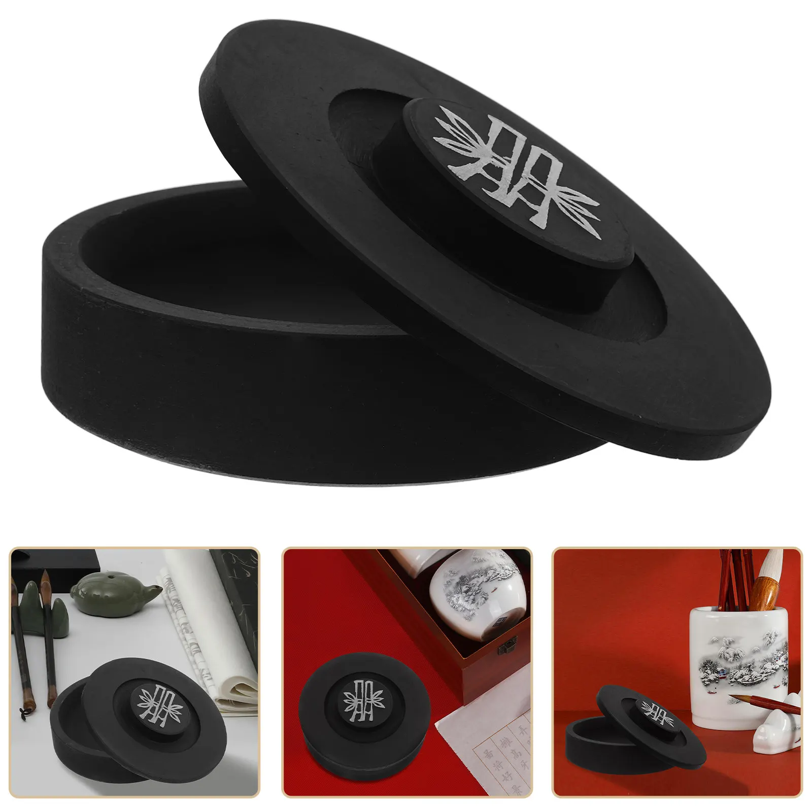 Round Ink Stone with Lid for Chinese Calligraphy Practice Smooth Grinding Surface Compact Design Ideal for Students Daily Use