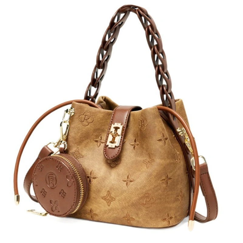 

Новая женская мини-сумка-ведро премиум-класса, повседневная сумка через плечо для телефона, винтажная сумка на плечо со съемным кошельком для монет