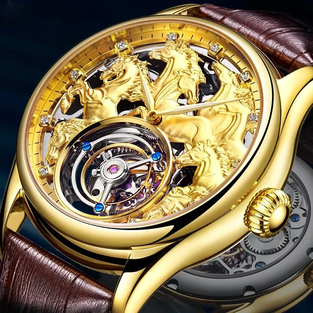 

AESOP Luxury Gold Zodiac Horse Men's Full Skeleton Tourbillon Mechanical Watch Sapphire Mens Genuine Leather Watches Waterproof