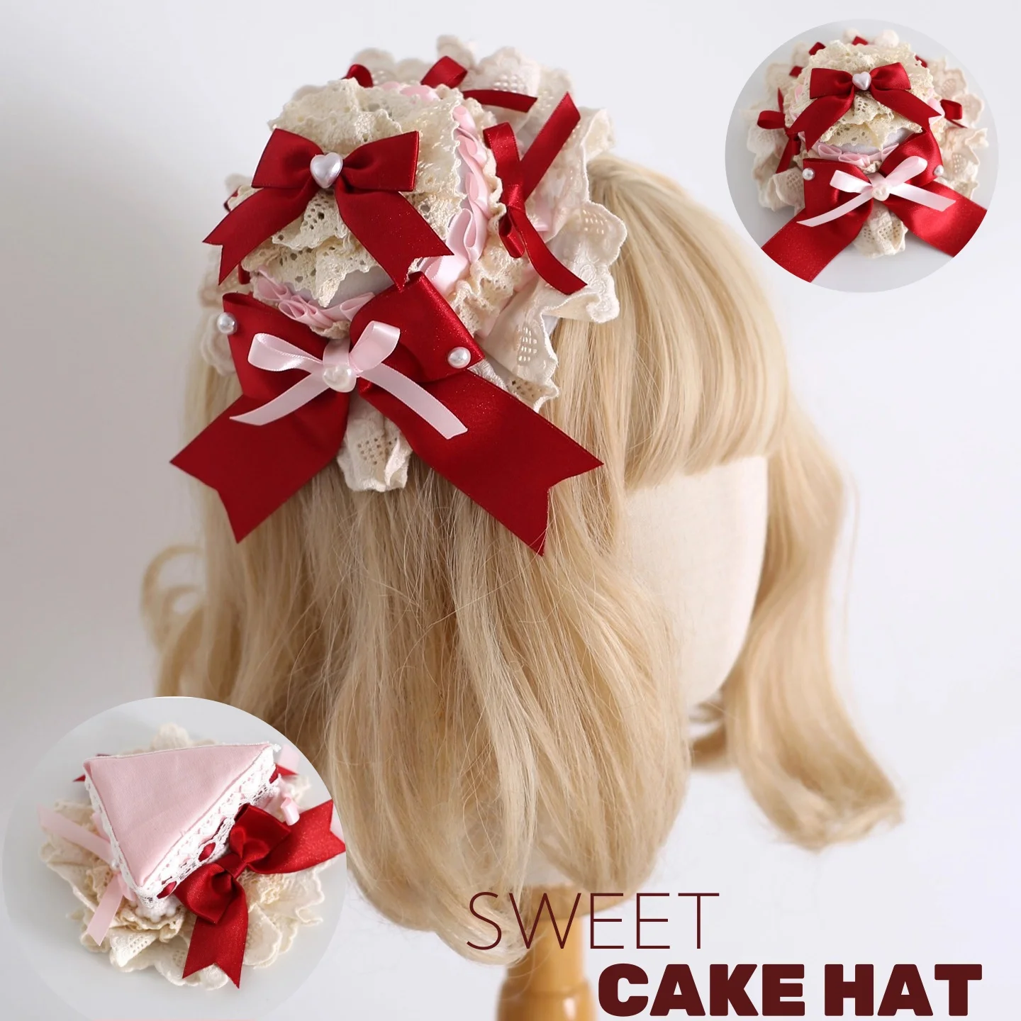 

New Original Lolita Pink Lace Bow Cupcake Top Handmade Desserts Flat Hat Hair Clip Sweet KC Cosplay Headband Trinkets Gift Hat