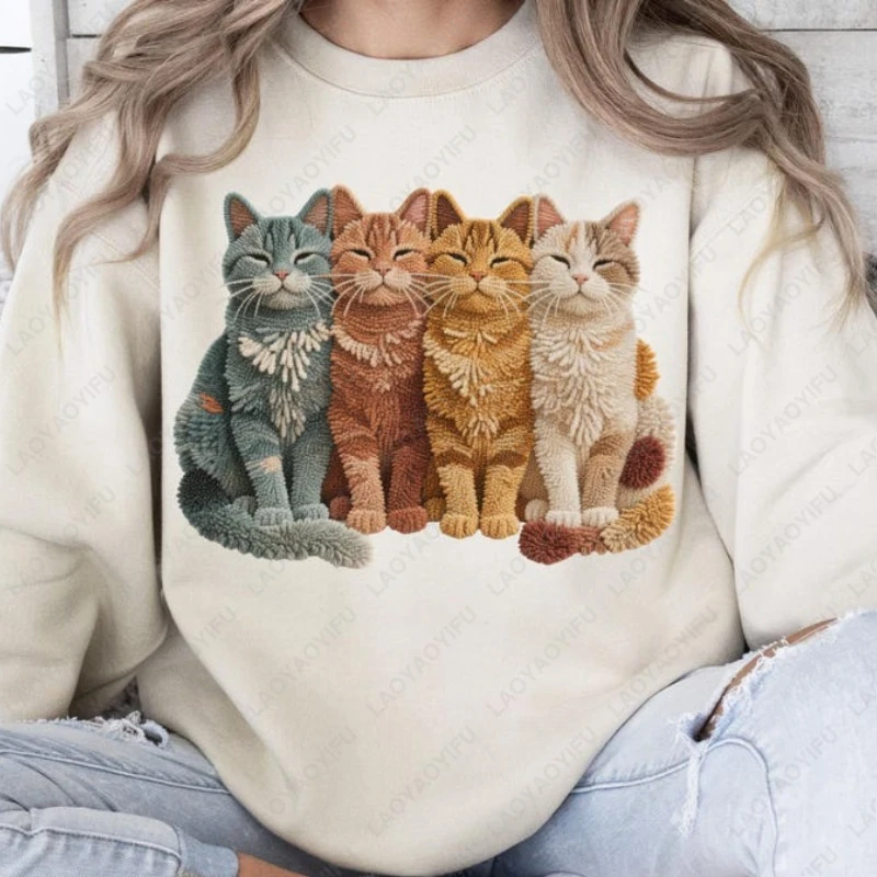 Gancio di chiusura Gatti Filato finto Stampa gatto Pullover Cat Mamma Girocollo Felpa con cappuccio Felpa in tessuto non lavorato Moda divertente Manica lunga