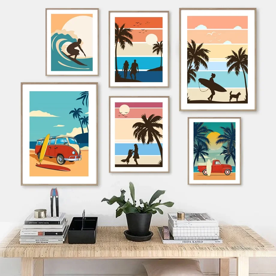 Abstract Beach Surf Van Surfboard Palm Tree Nordic Posters And Prints Wall Art Canvas Painting Pictures For Living Room Decor