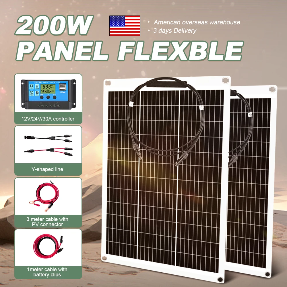 

US Fast Shipping 200W Solar System Kit WaterProof Single Crystal Solar Panel Camping RV Home