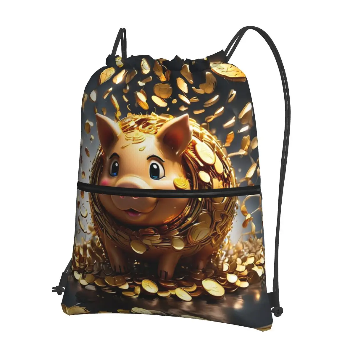 

Gold Coins Flying Cute Golden Piggybank Backpacks Drawstring Bundle Pocket Sports Bag Book Bags for Man Woman School