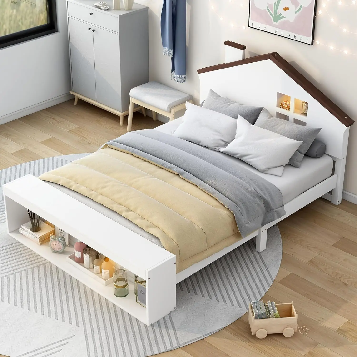 Full Size House Platform Bed With Led Lights And Storage,Wood Kids Bed Frame With House-Shaped Headboard And Slats Support,No