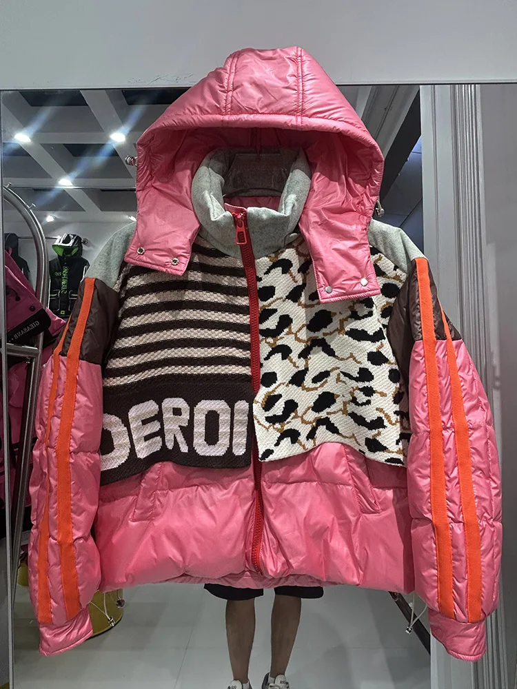 High-end Knitted Color-Blocked Printing Hooded Down Jacket Winter New Street Loose Thickened 90% White Duck Puffer Coat