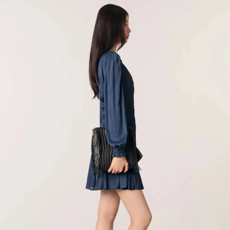 Vestido de mujer elegante de diseñador de lujo, tela de seda simulada con cuello en V para fiesta y vacaciones, ropa femenina glamurosa de Color sólido