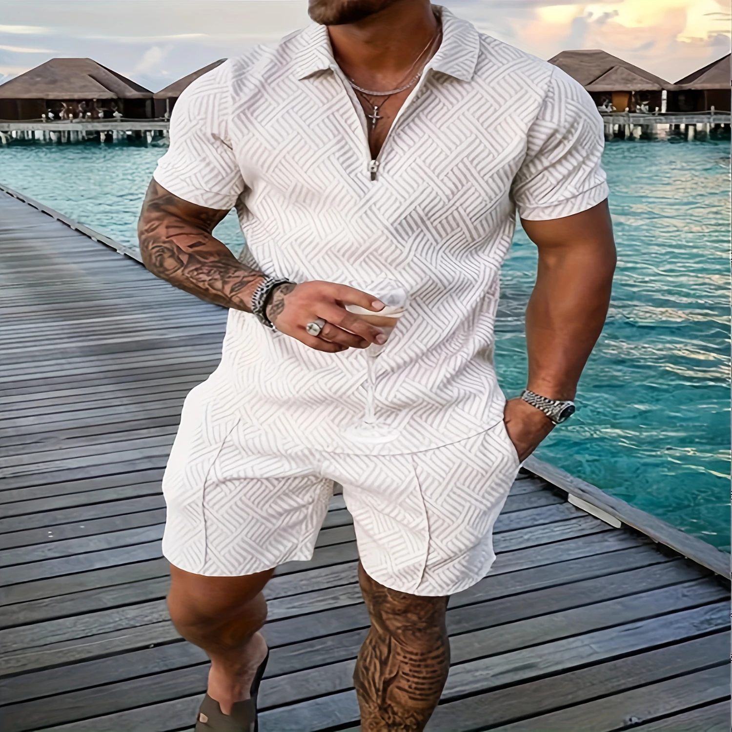 

2-piece Mens Solid Summer Outfit Set, Mens Short Sleeve Lapel Collar Golf Shirts & Drawstring Shorts With Pockets Basketball Gym