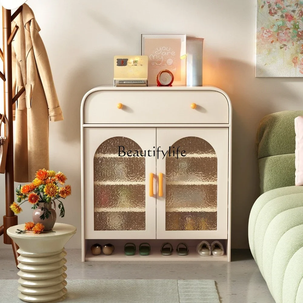 

z.Cream style shoe cabinet household door home storage cabinet integrated against the wall shoe rack